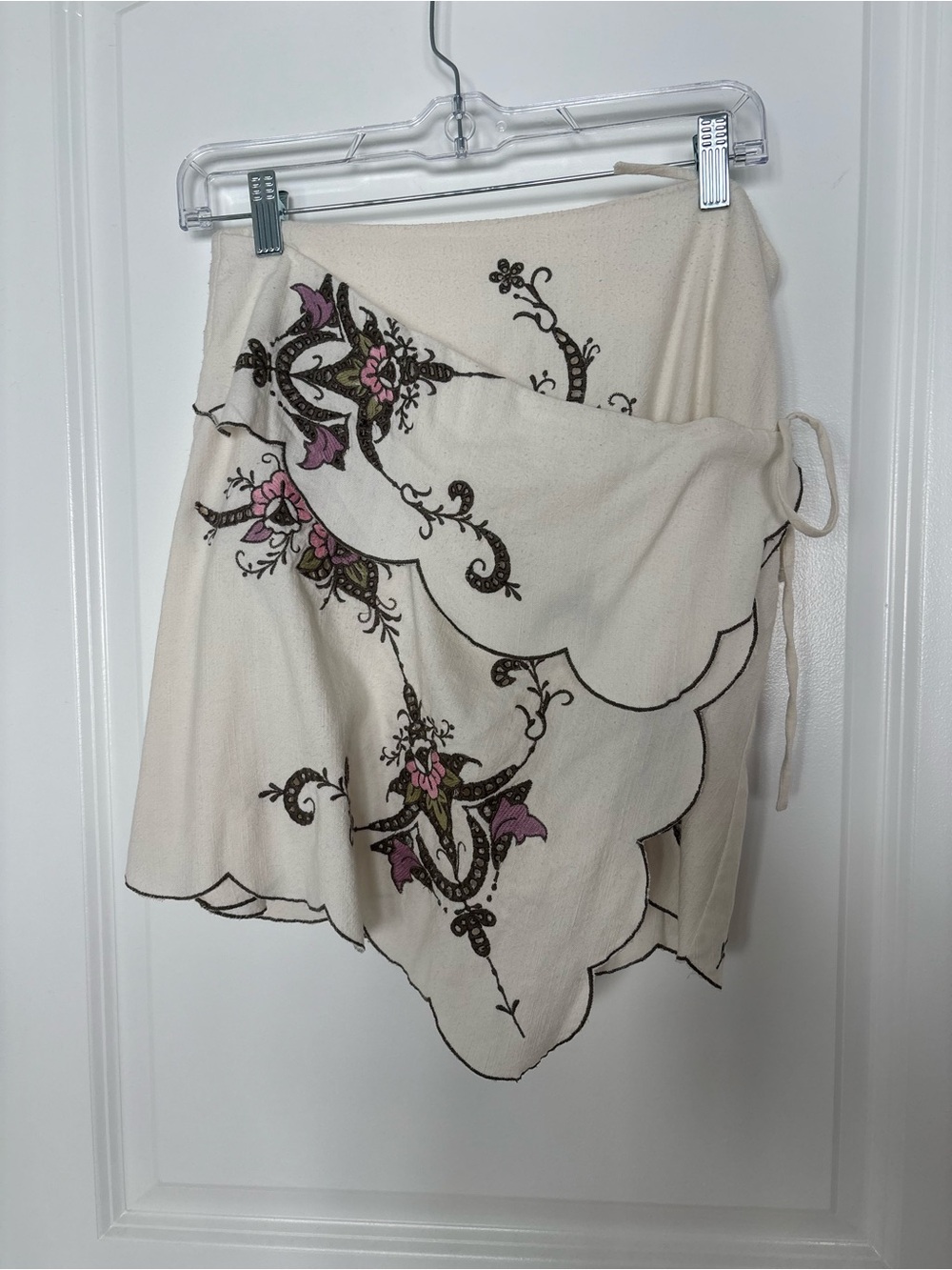 Anthropologie Cream Wrap Skirt with Pink & Olive Embroidery